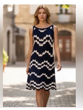 House of Harlow 1960 Navy and Cream Zigzag Crochet Midi Dress